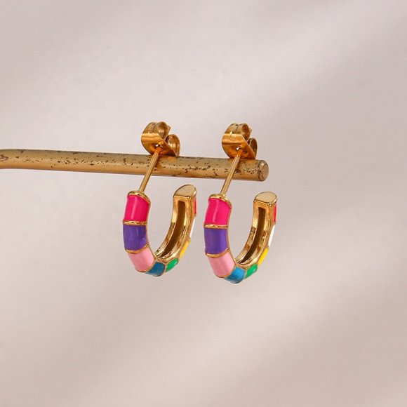 Multi Color Enamel Bamboo C Shape Hoop Huggie Earrings 18K Gold Plated Stainless - Picture 4 of 7